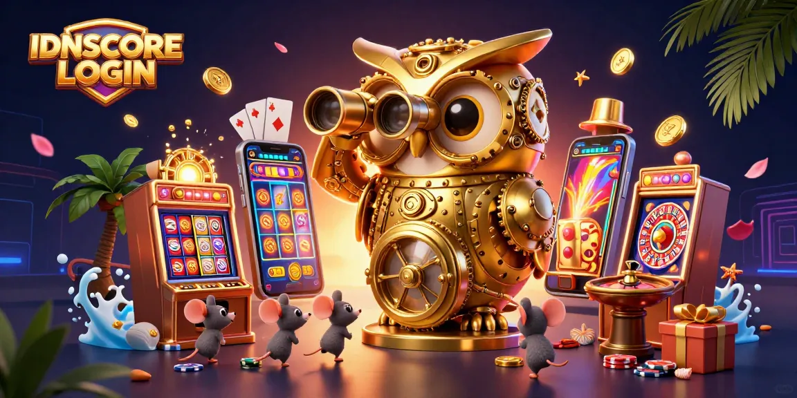 IDNSCORE LOGIN highlights the gaming adventure with a golden owl scanning slot machines surrounded by exciting casino elements.