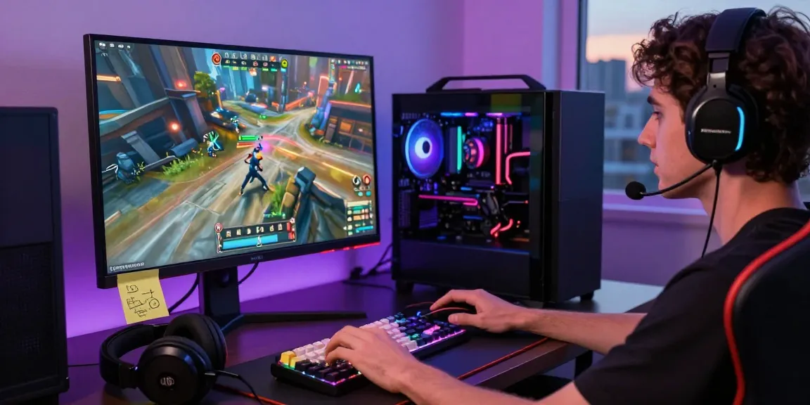 Engaged player enjoying rikvip online gaming experience on a colorful desktop setup with ambient lighting.