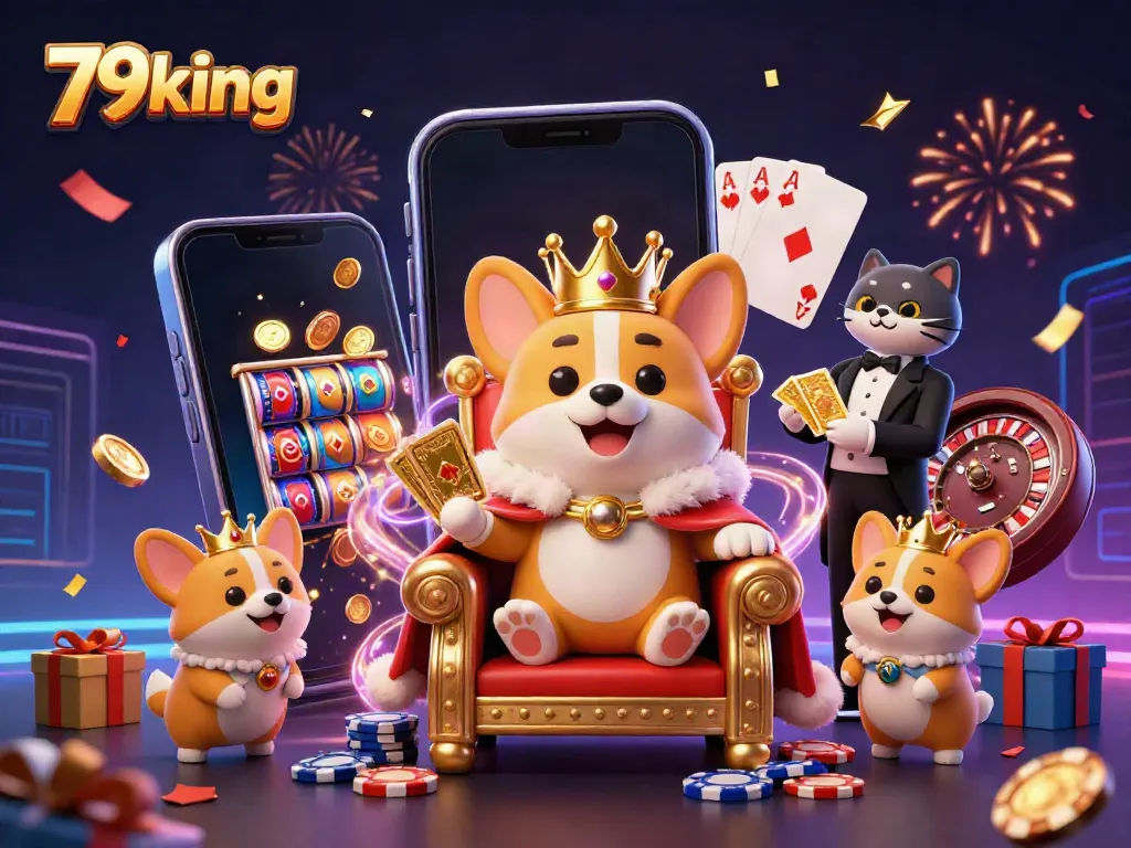 Experience the royal flair of 79king with a majestic corgi on a throne surrounded by gaming excitement.