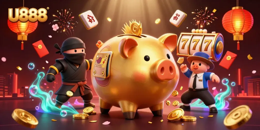 Engage with U888's thrilling casino action featuring vibrant characters and slot elements.