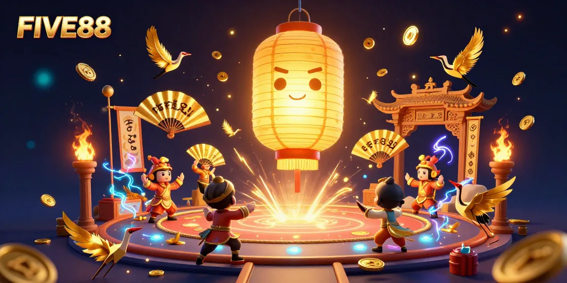Experience the enchanting vibes of FIVE88 casino, featuring a golden lantern spirit, warriors, and casino elements.