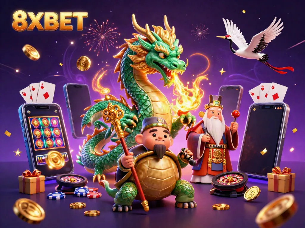 Experience 8XBET's thrilling gaming world with a jade dragon, wise turtle, and lucky cranes in vibrant action.