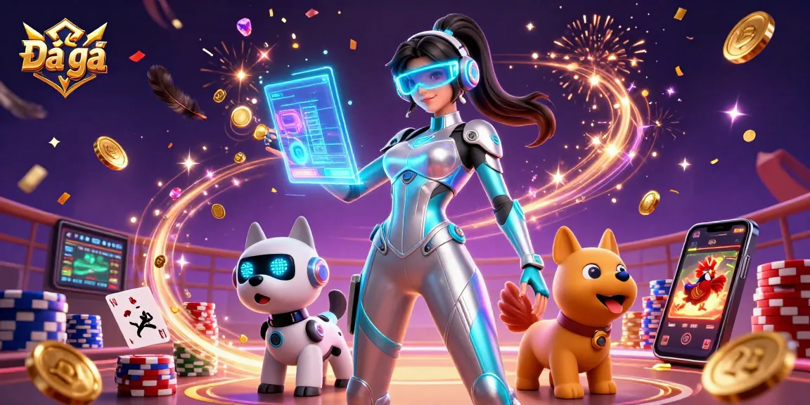 Engage in Đá gà action as a stunning character encounters a 3D robot dog amidst a thrilling cockfighting scene.