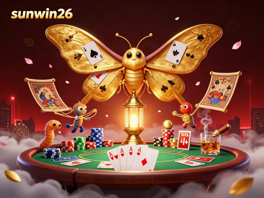 Experience epic gameplay with sunwin26 in a vibrant casino scene featuring a magical moth and poker elements.