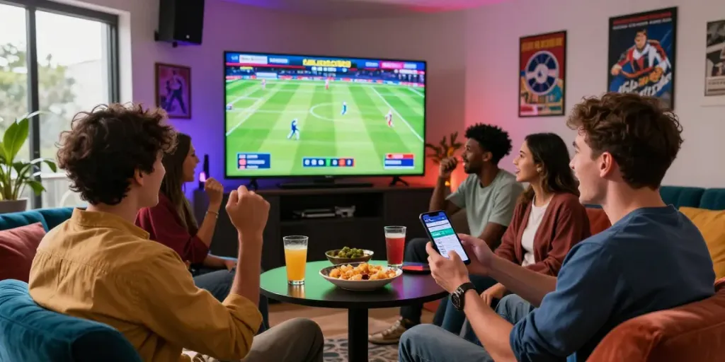 Excited friends enjoying a sports event while using the lotus365 betting app in a vibrant lounge setting.