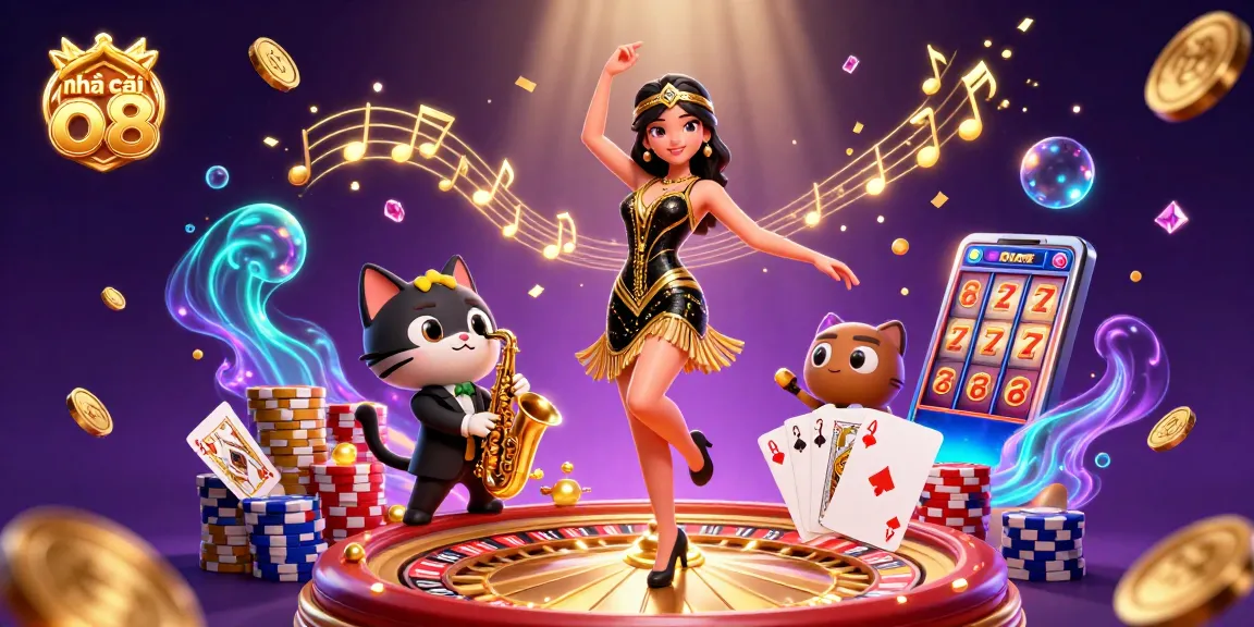 Experience the exciting world of nhà cái o8 as vibrant characters celebrate with cascading coins and casino symbols.