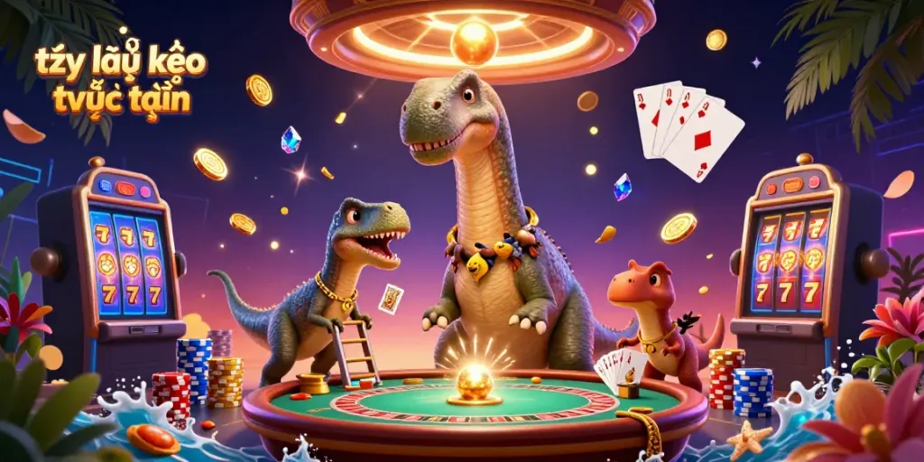 Engaging scene showcasing tỷ lệ kèo trực tuyến with a casino dinosaur and card-dealing raptor.