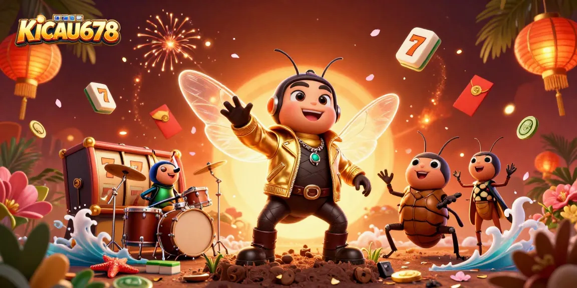 KICAU678 presents a dynamic casino scene with cartoon characters and vibrant gaming elements.