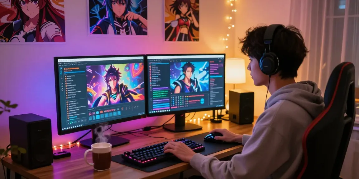 Engaging gamer enjoying ai ecchi chat with vibrant character design and cozy gaming setup.