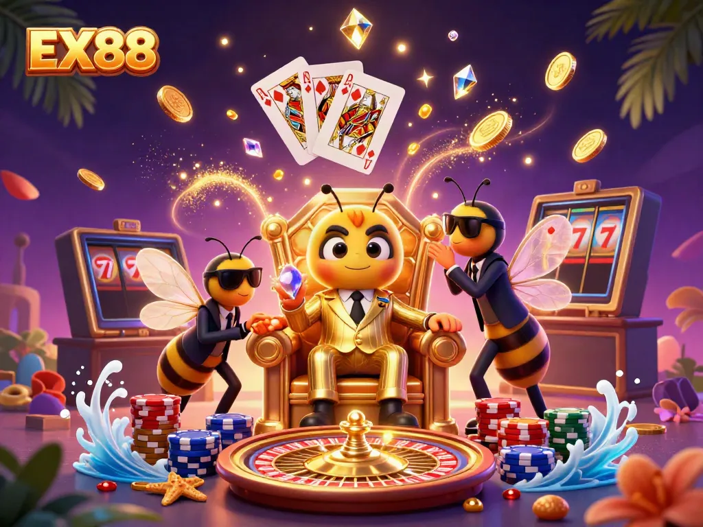Experience the exciting EX88 casino world with cartoon characters amid a whirlwind of casino elements and vivid colors.