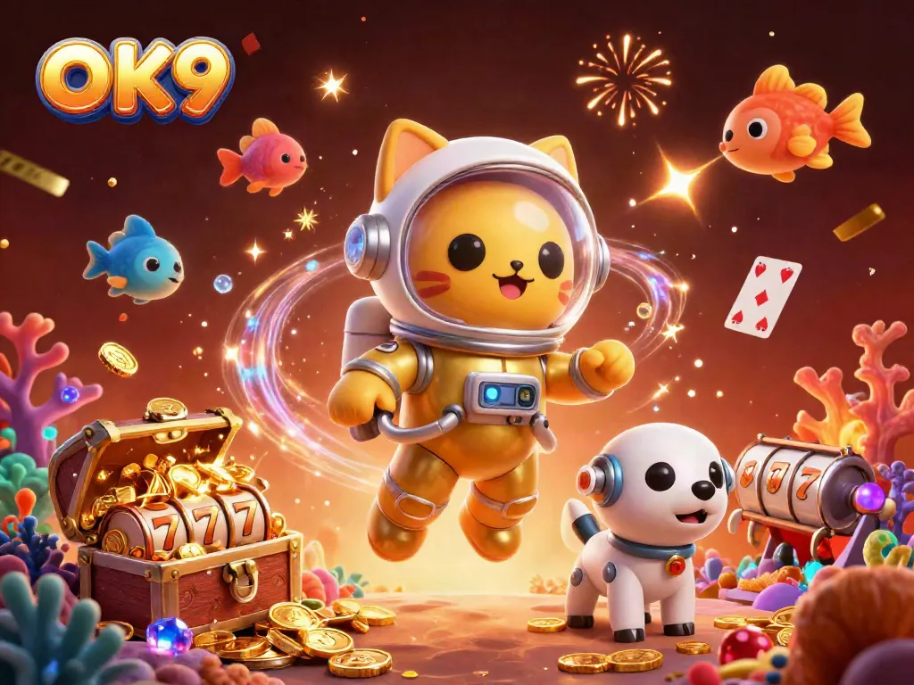 Spin and win with OK9's vibrant casino-themed illustration featuring animated characters and treasures.