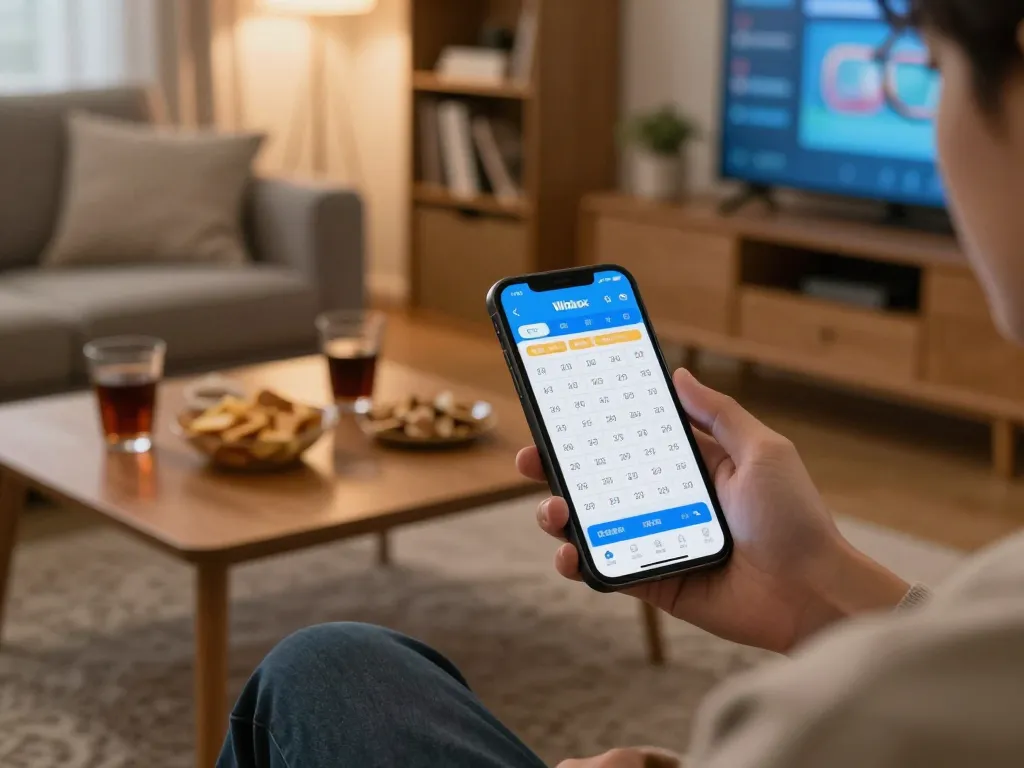 Check the latest Winbox lotto 4D result on a smartphone in a cozy living room setup.