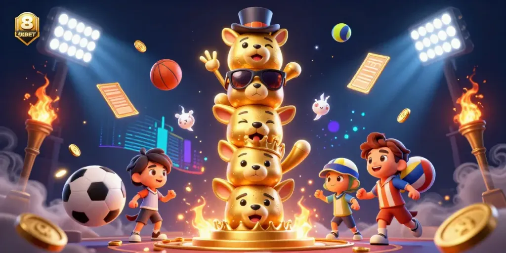 Engaging illustration of 8XBET’s vibrant cartoon totem pole surrounded by dynamic sports elements, showcasing casino excitement.