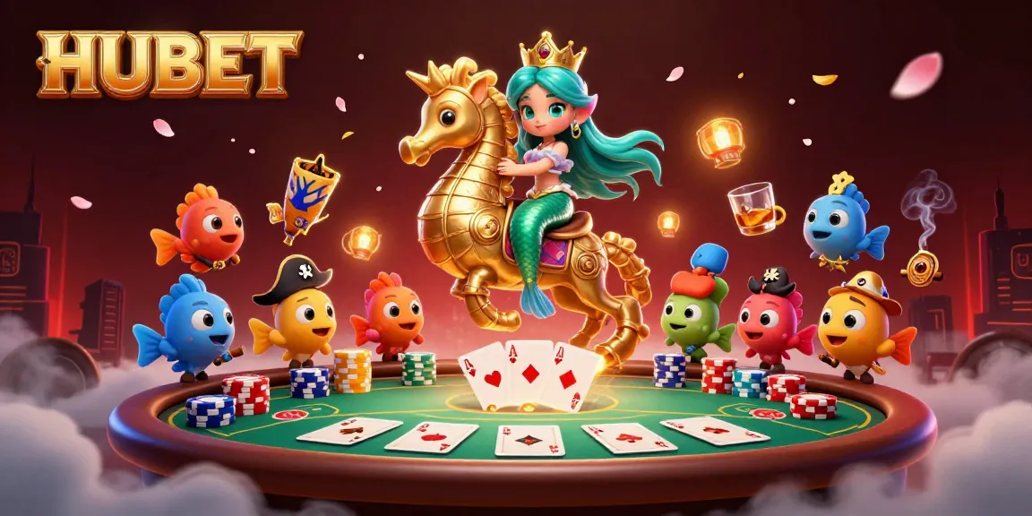 Experience thrilling gameplay with HUBET, featuring a vibrant 3D scene of a poker table and mermaid princess.