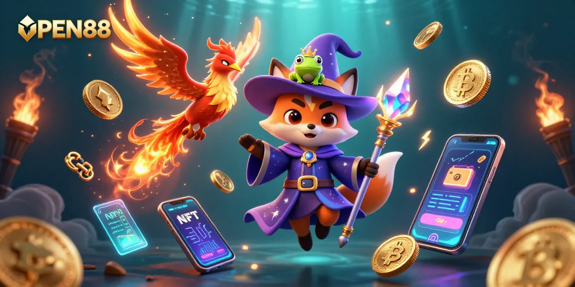 Experience thrilling gameplay at OPEN88, featuring vibrant 3D characters and dynamic cryptocurrency elements.