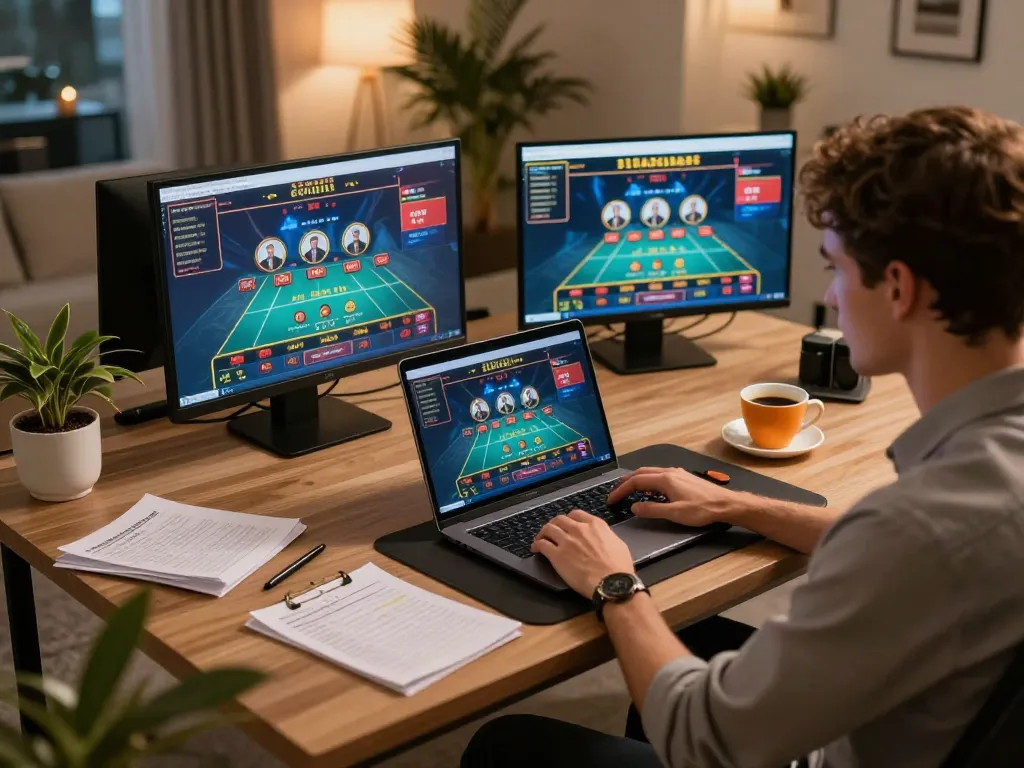 Engaging in online gambling at https://va88.now/ with a modern home setup and live dealer games.