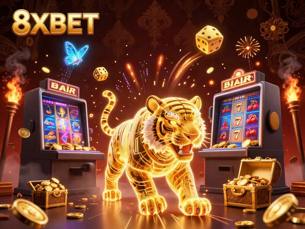 Experience the thrilling energy of 8XBET with a golden tiger and vibrant casino elements.