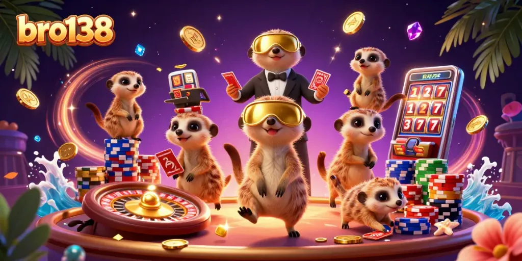 Spin and win big with bro138's vibrant casino scene featuring playful meerkats and dazzling games.