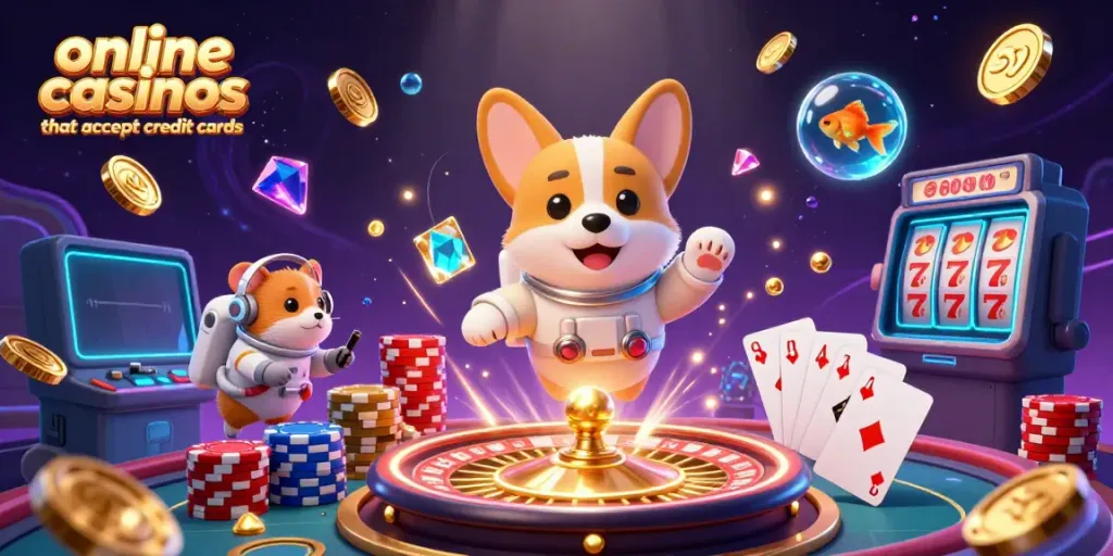 Experience the excitement of online casinos that accept credit cards with a vibrant space-themed casino scene featuring playful characters.