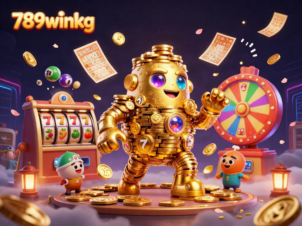 Engage with the vibrant 789winkg casino scene filled with golden elements and lottery excitement.