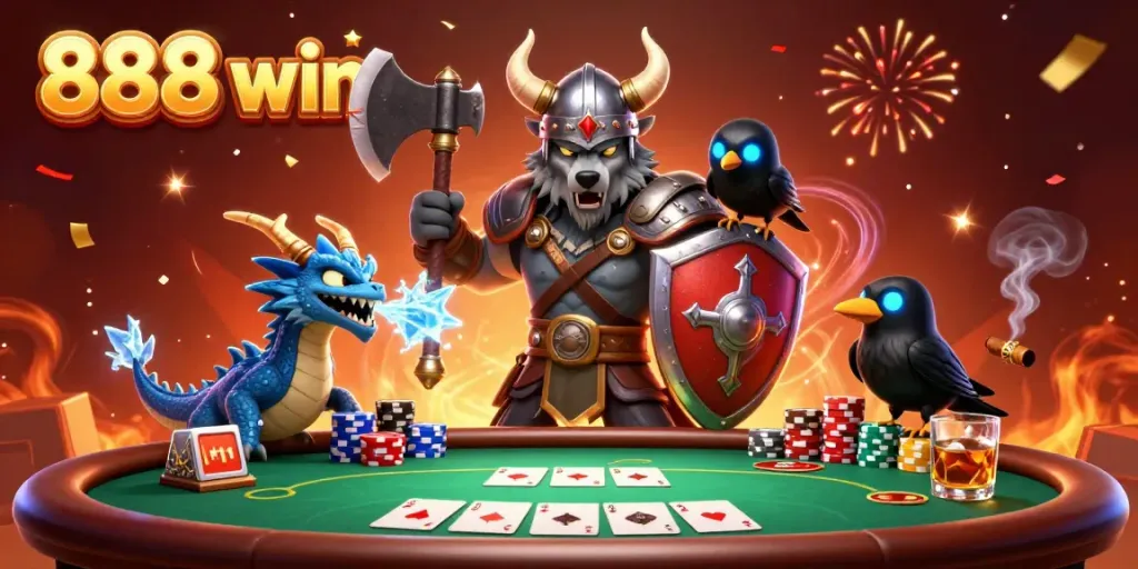 Experience the thrill of 888 win with animated casino characters and vibrant poker elements.