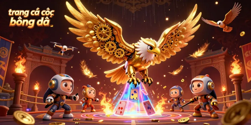Experience intense sports betting action with a cybernetic golden eagle in this vibrant scene featuring trang cá cược bóng đá.