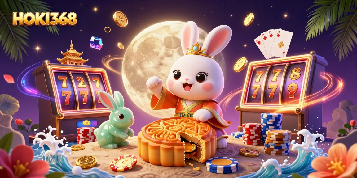 Engaging HOKI368 illustration featuring moon rabbit with poker chips and slot machine reels.