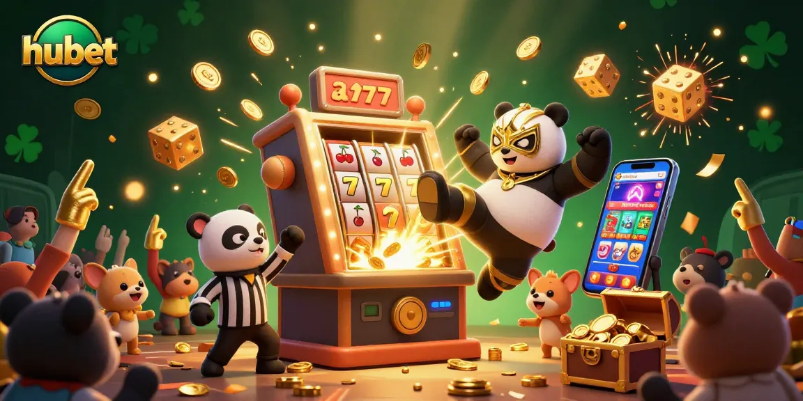Engage with hubet's thrilling slot experience featuring a panda wrestler kicking, coins bursting from a slot machine, and animal spectators.