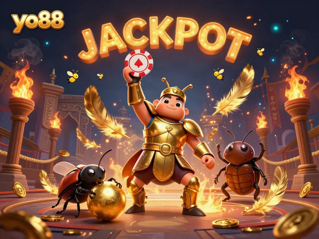 Experience the thrill of yo88 as a hercules beetle lifts a poker chip in an exciting 3D casino scene.
