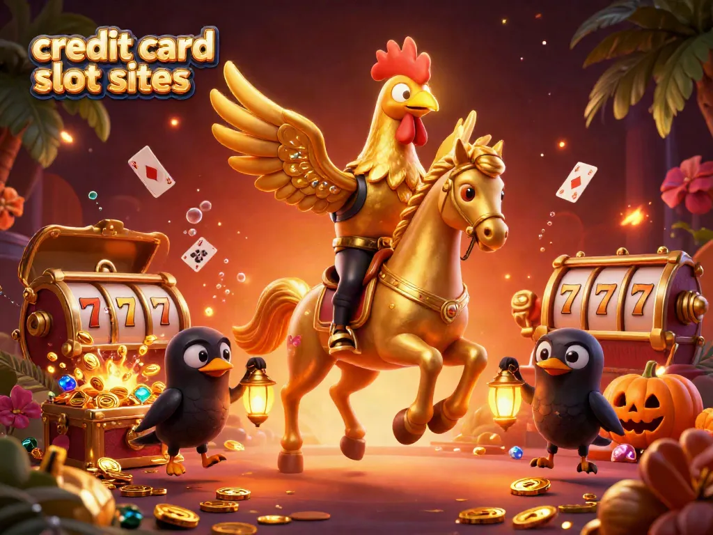 Explore vibrant credit card slot sites with exciting golden rooster characters in a lively casino.