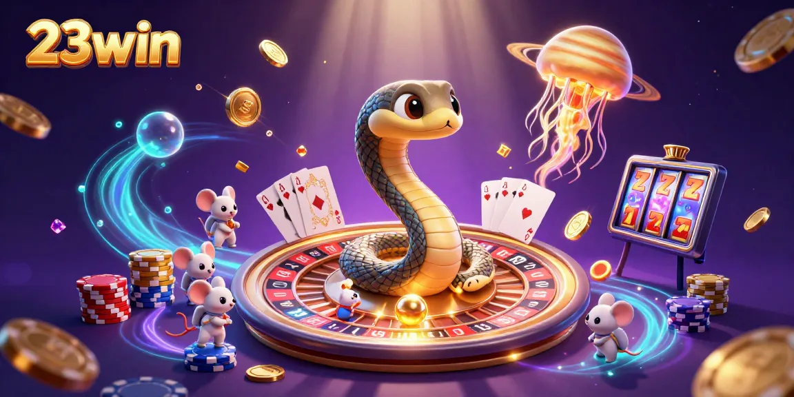 Experience 23win with a vibrant cosmic casino scene featuring a roulette wheel and betting mice.