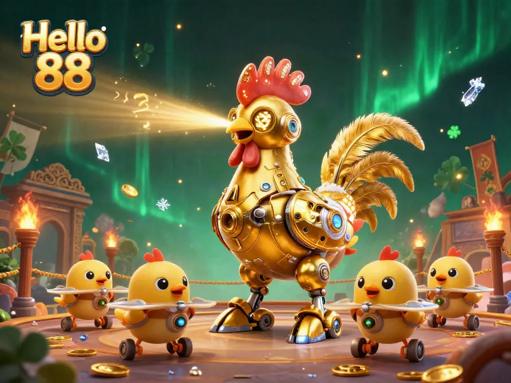Engage with Hello 88 as a golden rooster robot and baby chick drones entertain with dazzling casino elements.