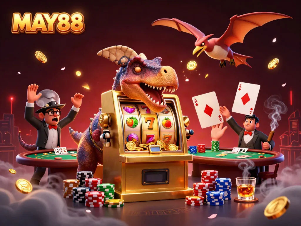 MAY88 unleashing a jackpot as a dinosaur headbutts the slot machine with vibrant coins flying around.