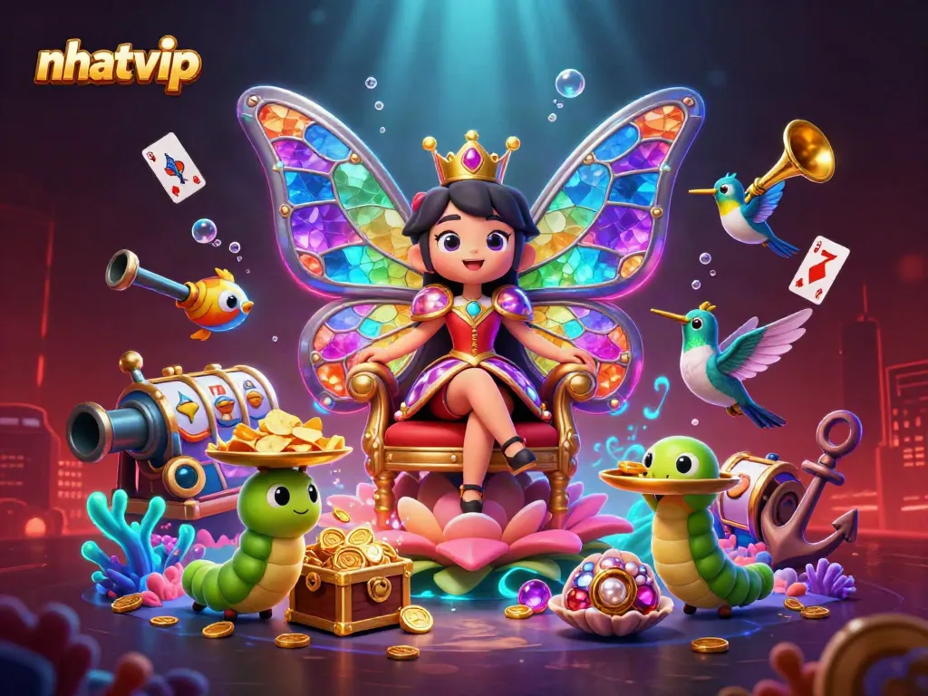 Nhatvip engages players with vibrant casino-themed elements in a dazzling 3D scene.