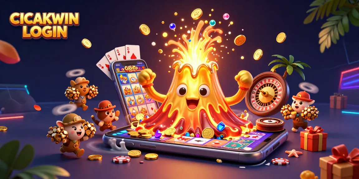 CICAKWIN LOGIN reveals a vibrant 3D scene with a winning volcano erupting coins and treasures, enhancing your gaming experience.