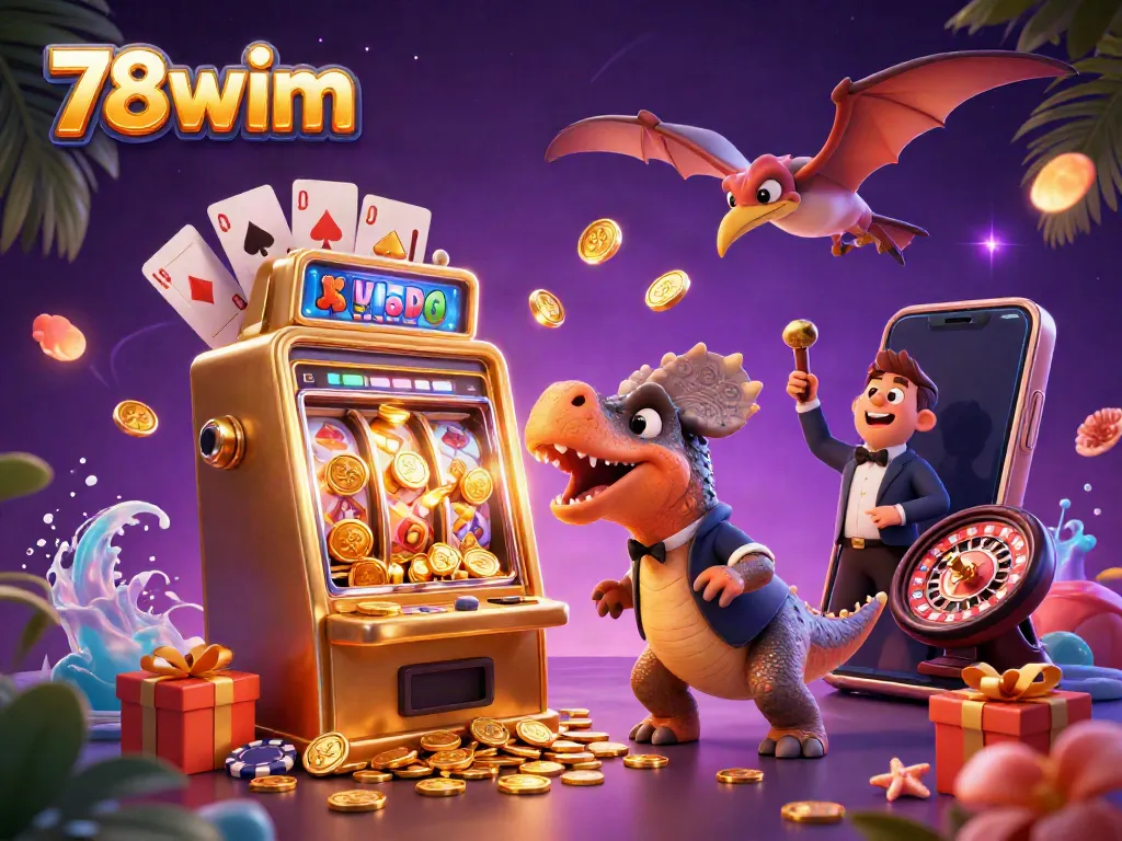 Experience a thrilling 78wim jackpot with a dinosaur delight in this vibrant casino scene.