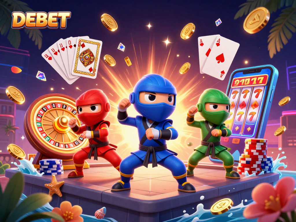 Experience DEBET with a vibrant scene of ninja chameleons amidst casino action and dazzling rewards.