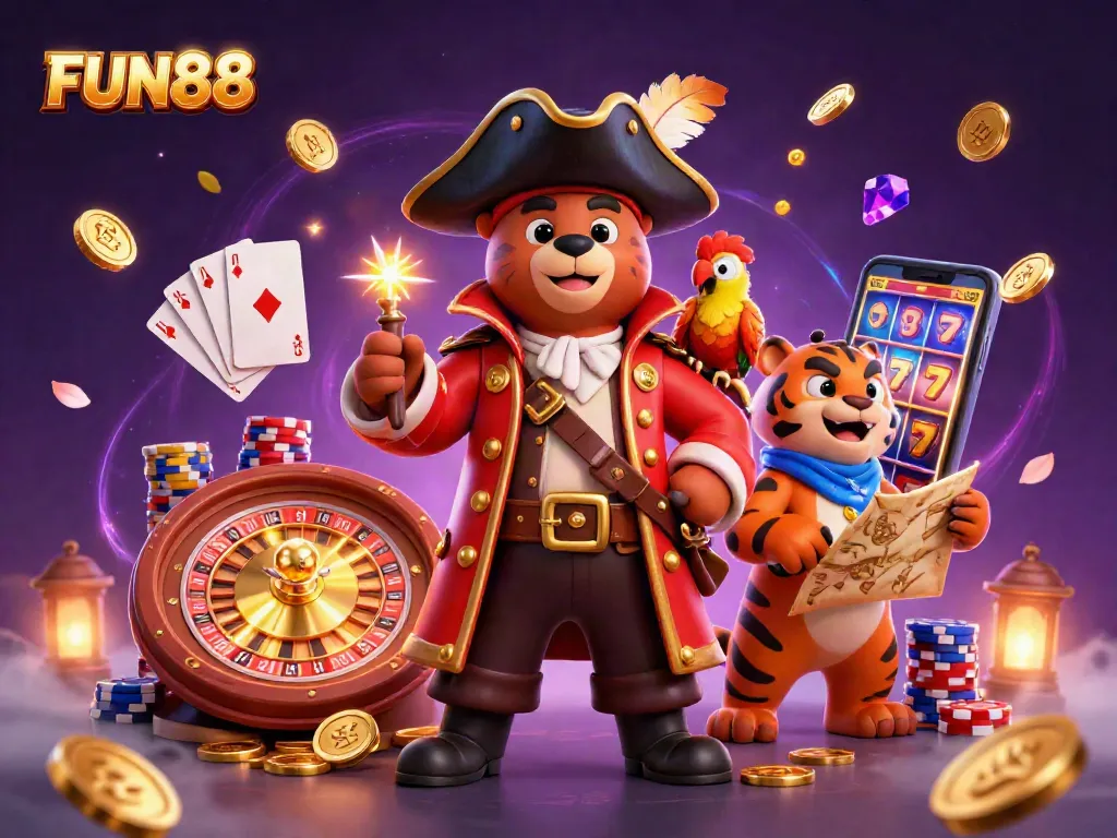 Experience the thrill of FUN88 with our dynamic casino adventure illustration featuring a pirate bear, tiger, and sparkling game elements.