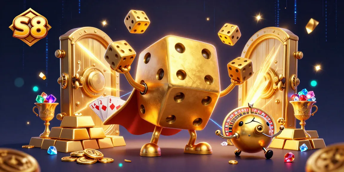 Engage with S 8's vibrant casino action featuring a golden dice golem and treasure bursts.