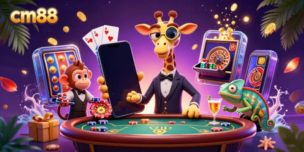 Experience thrilling gameplay at cm88 with a festive casino scene featuring a high-roller giraffe and vibrant gaming elements.