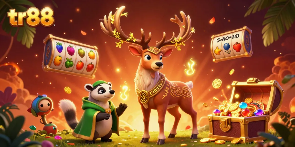 Experience thrilling online gaming with tr88's vibrant 3D illustration featuring slot reels and mystical characters.