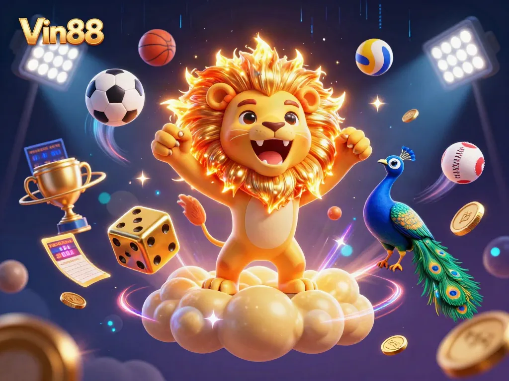 Experience casino excitement at Vin88 with a vibrant 3D illustration featuring engaging characters and dynamic elements.