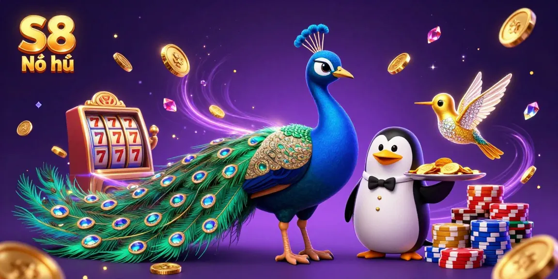 S8 Nổ hũ presents an exciting scene with vibrant characters and festive casino elements, showcasing thrilling game play.