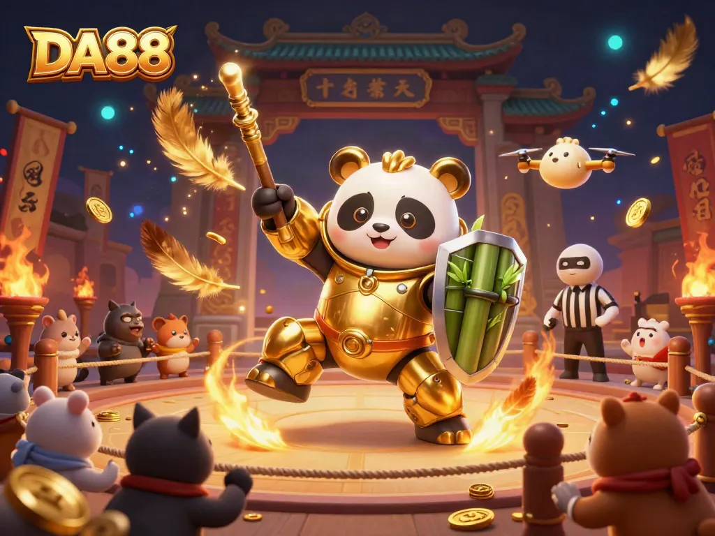 DA88 showcases thrilling cockfighting action with a panda robot in a vibrant arena.