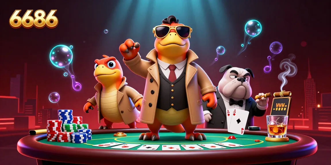 Experience 6686 casino action with raptors in coats at the poker table, aiming for big wins.