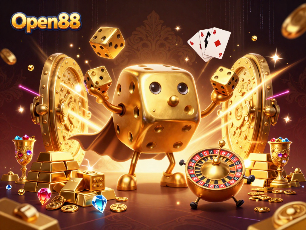 Engage with Open88's thrilling gameplay featuring golden dice and treasures in a dynamic casino scene.