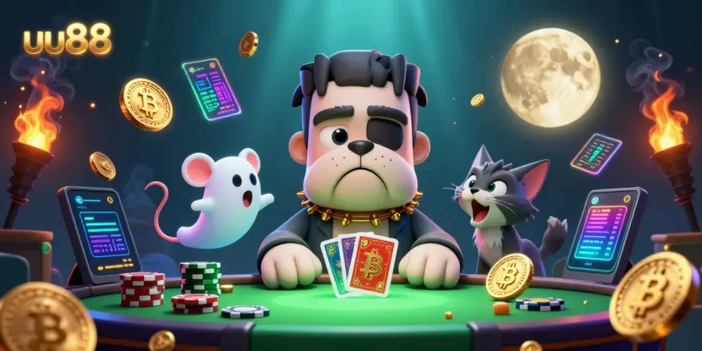 Experience thrilling casino action with uu88’s cartoon characters at a haunted table game.