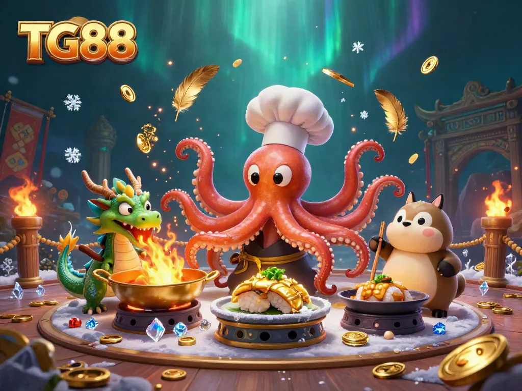 Experience TG88 casino excitement with a vibrant illustration featuring a sushi chef octopus, fire-breathing dragon, and tanuki customer.