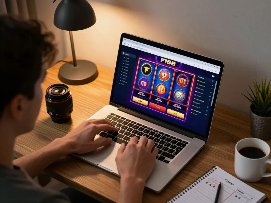 Engaging player exploring F168’s online casino platform on a laptop in a cozy home setting.