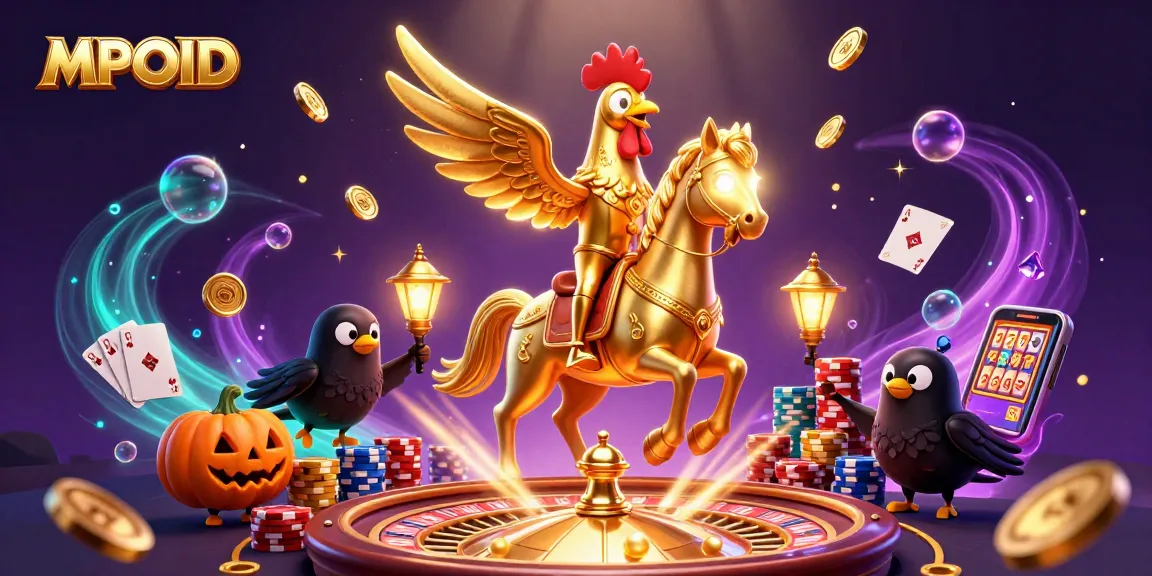 MPOID features unique gaming moments with a golden rooster character in a vibrant casino scene.